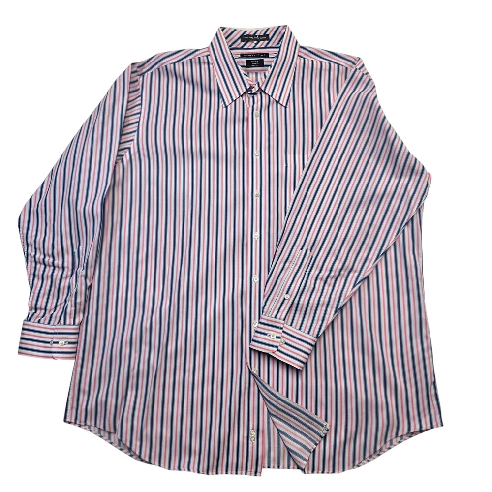 Paul Fredrick Men's Long Sleeve Dress Shirt, Size 17 1/2x34,Striped, Pink & Blue
